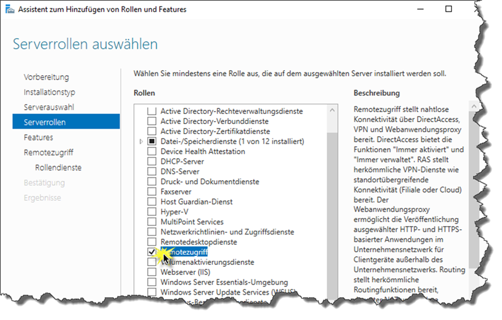Serverrolle Remotezugriff auswählen